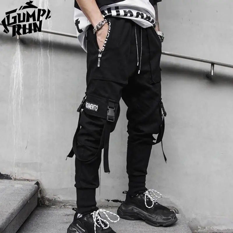 Black Harem-Style Multi-Pocket Cargo Overalls With Ribbon Accents 1