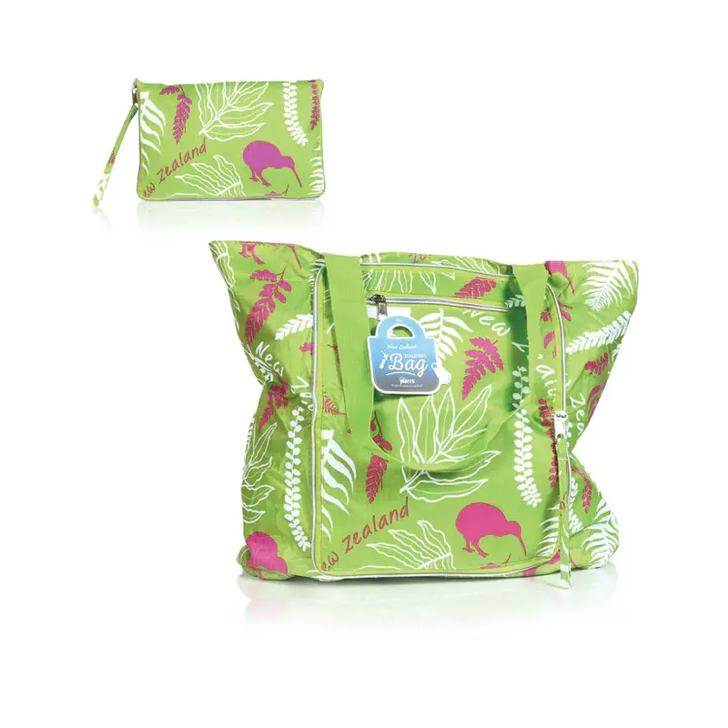Foldable Zippered Bag Featuring Fern Motif In Green 1
