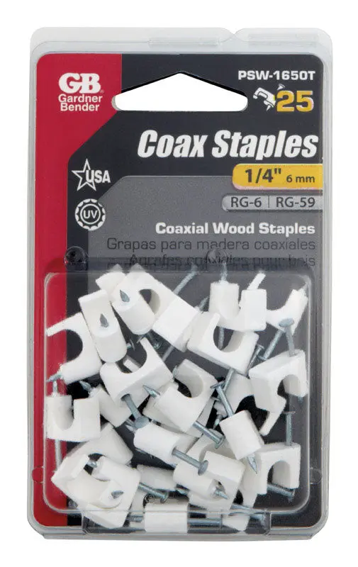 Gardner Bender 1/4" White Coaxial Cable Staples – Polyethylene, 25-Pack (Psw-1650T) 1