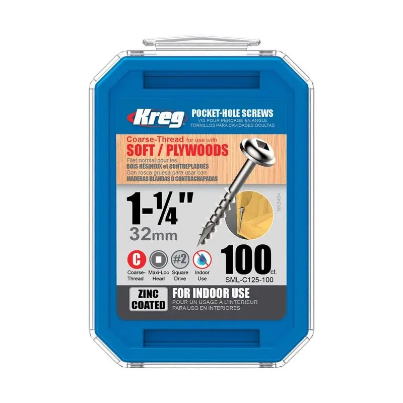 Kreg #8 Zinc Pocket Hole Screws – 1-1/4" Maxi-Loc Head, 100-Pack (Sml-C125-100) 1