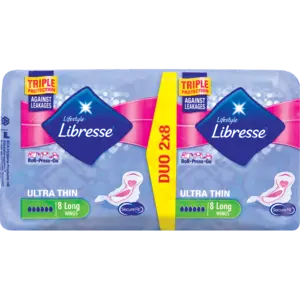 Libresse Ultra-Long Ultra-Thin Pads With Wings – Twin 8-Count Pack (16 Total) 1