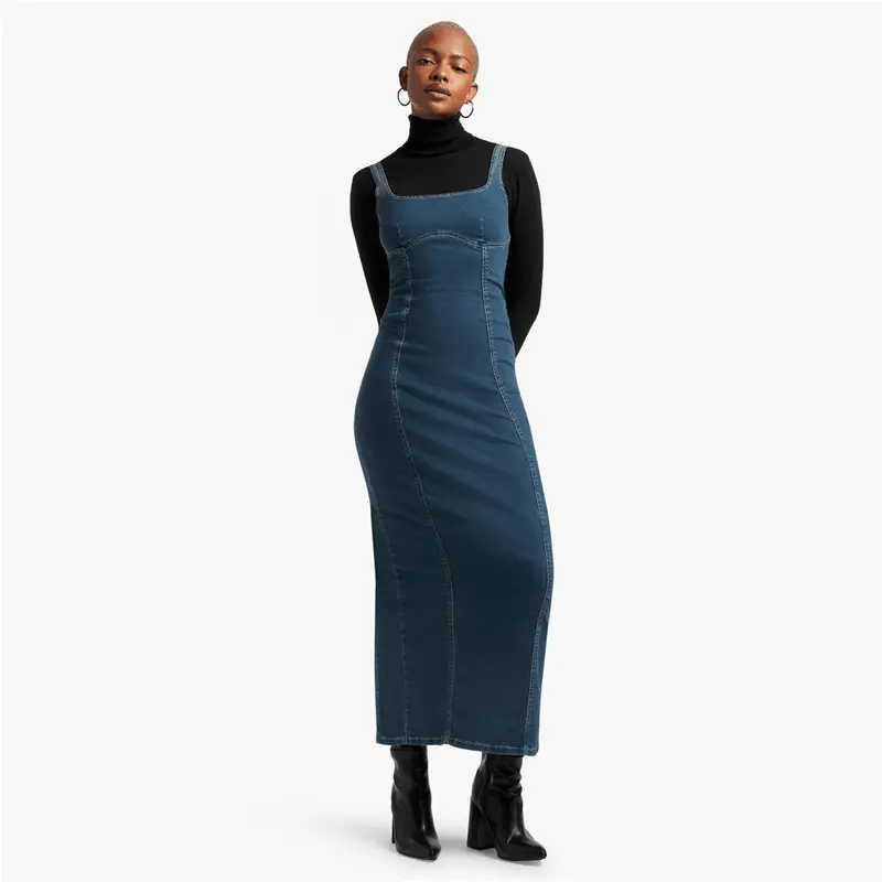 Mid-Wash Denim Maxi Bodycon Dress – Women'S Elevated Casual Look 1